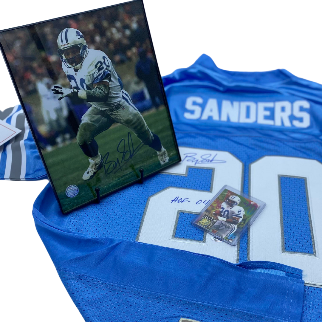 Barry Sanders Signed Jersey, Print, and Trading Card Bundle